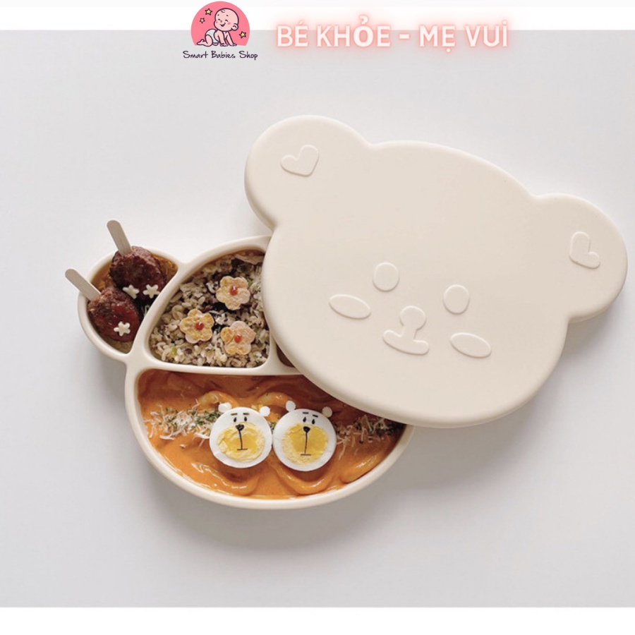KHAY SILICON CAO CẤP PHONG CÁCH HÀN QUỐC CÓ ĐẾ HÍT CHÂN KHÔNG CHỐNG ĐỔ HÌNH GẤU BROWN CHO BÉ ĂN DẶM, BABYSI