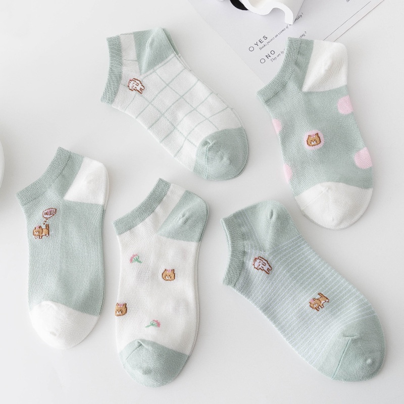 Combo 5 đôi tất vớ nữ cổ thấp cotton hoạ tiết chú chó nâu xanh lá cây cute