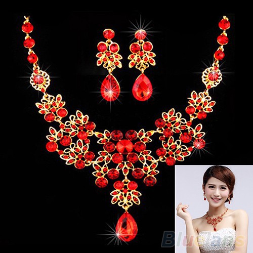 Bộ Dây Chuyền / Bông Tai Bằng Hợp Kim Vàng Đỏ Cho Cô Dâu