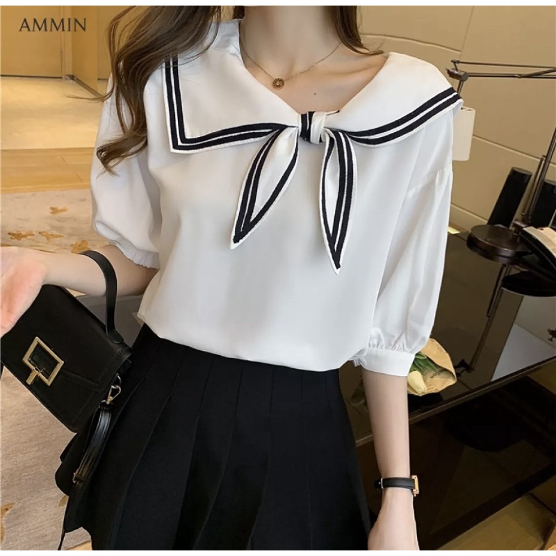 Áo sơ mi voan cổ thắt nơ thủy thủ dễ thương
