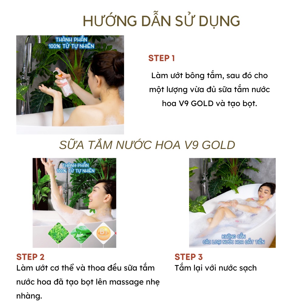 Sữa tắm nước hoa, dưỡng trắng da, mùi hương trái cây dịu mát - V9 Gold 200ml/Chai