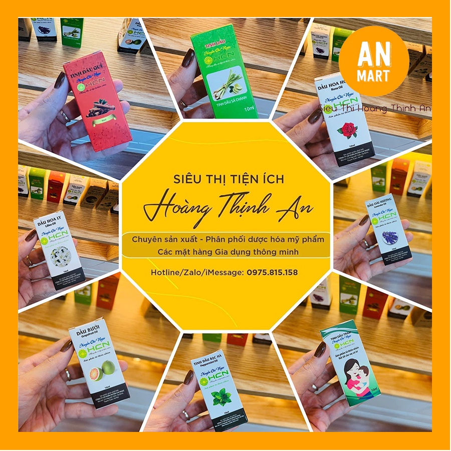 Tinh dầu HCN nguyên chất có kiểm định nhiều mùi 10ml, treo xe, kẹp điều hòa: Tinh dầu Sả Chanh, Bạc Hà, Oải Hương, Quế,.