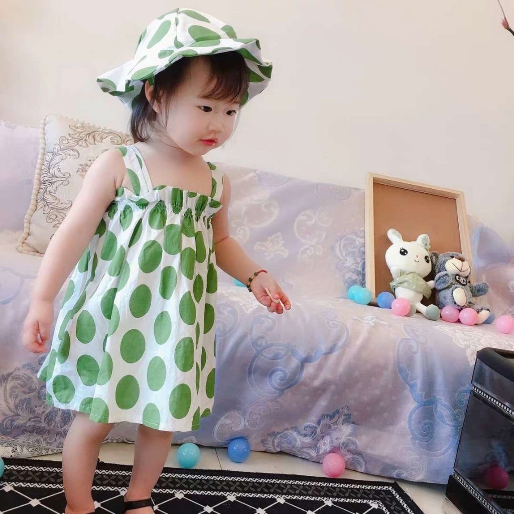 Set váy sát nách kèm mũ chấm bi nhiều màu cho bé gái