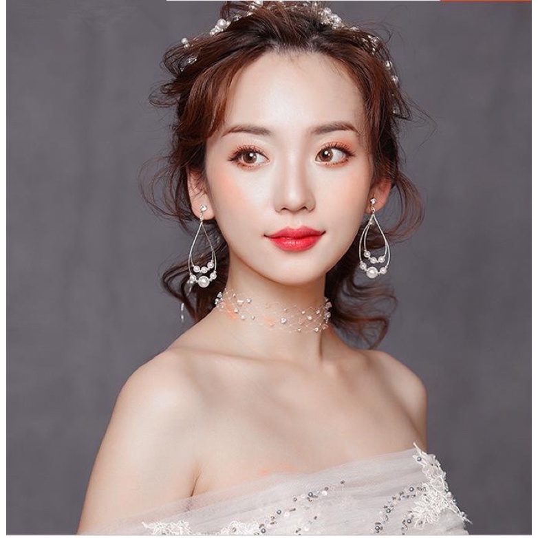 bông tai khuyên tai đính 2 vòng hạt châu siêu dễ thương