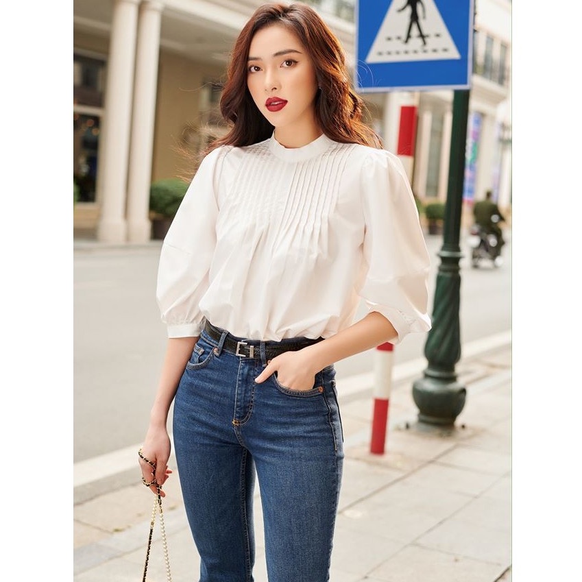 Áo sơ mi cotton lụa nữ HUONG BOUTIQUE HBSM726 mí gân cổ tròn