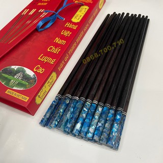 Bộ 10 đôi Đũa ăn gỗ Mun cao cấp đầu gắn trai biển Xanh -- đũa ăn cao cấp