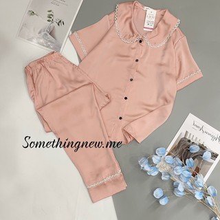 Đồ ngủ nữ pijama cộc tay quần dài, đồ ngủ pijama cổ tròn lụa tt pha ren mát mịn mặc ở nhà