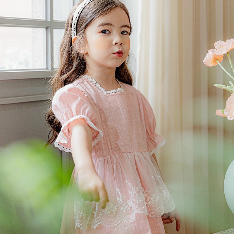 Đầm Hồng tay Búp phối ren eo cho bé - SOLEN KIDS chuyên quần áo trẻ em Xuất Khẩu