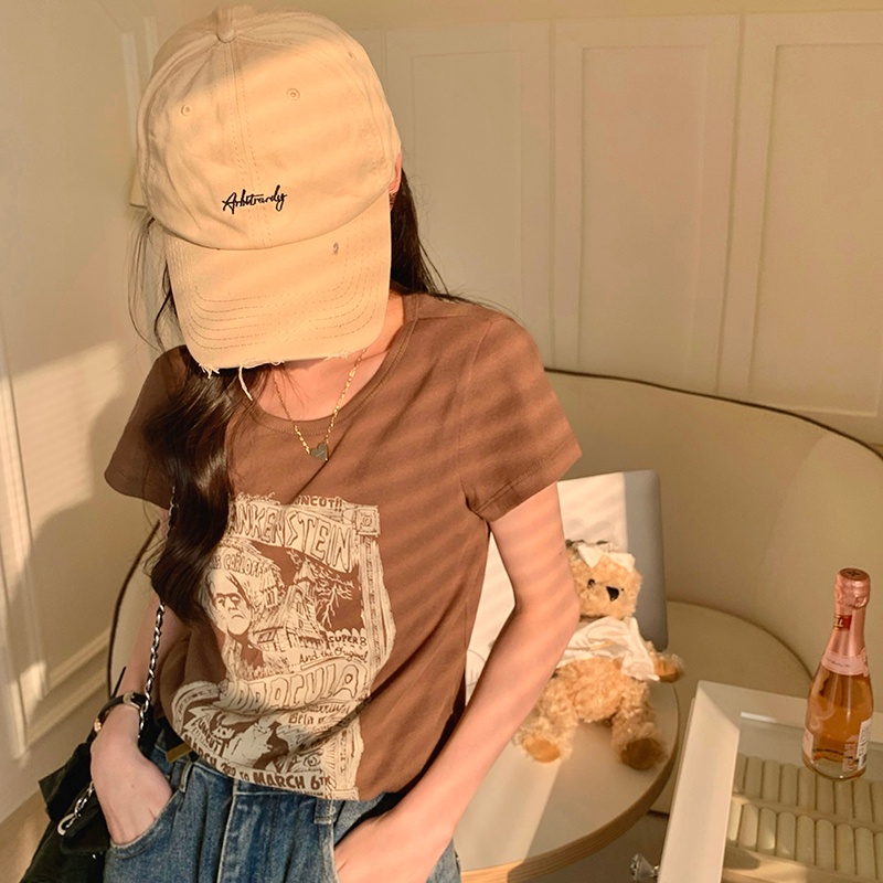 Áo thun SUXI tay ngắn cổ tròn in họa tiết phong cách dạo phố thời trang mùa hè dành cho nữ