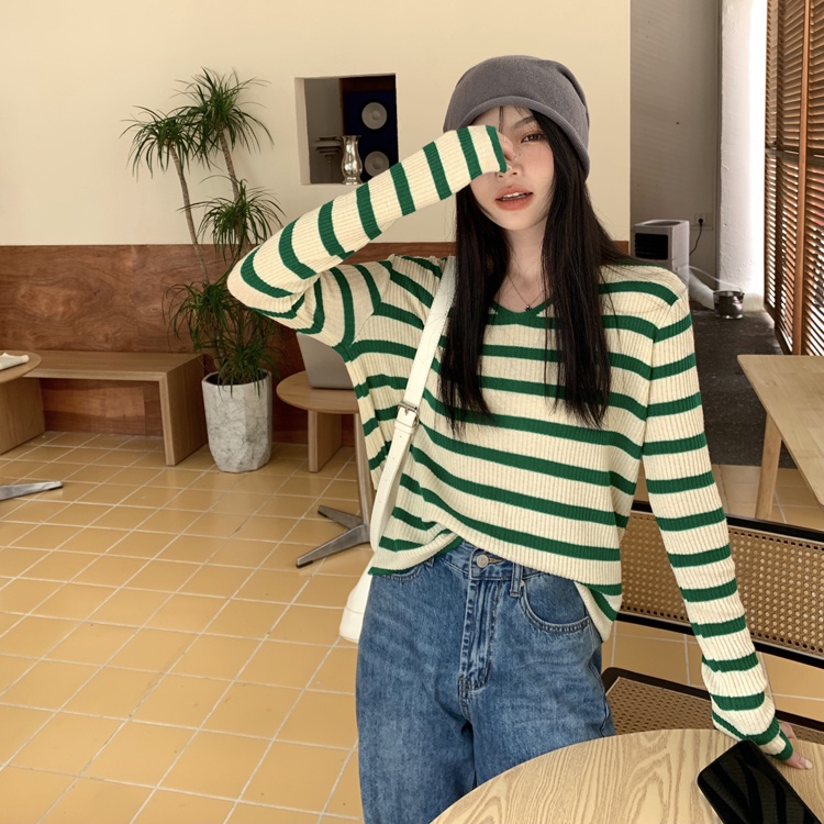 Áo dệt kim NZN tay dài cổ chữ V hoạ tiết kẻ sọc thiết kế thời trang