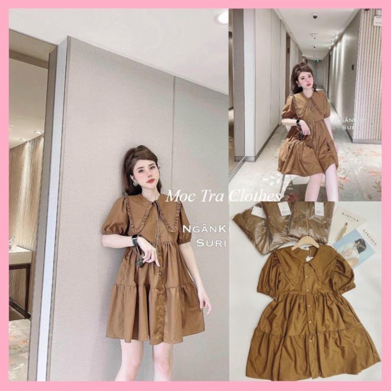 Đầm babydoll nâu tây thô lụa phối cổ viền bèo tiểu thư siêu xinh, Váy suông nữ đẹp rẻ tay bồng dáng ngắn ཾ ྇