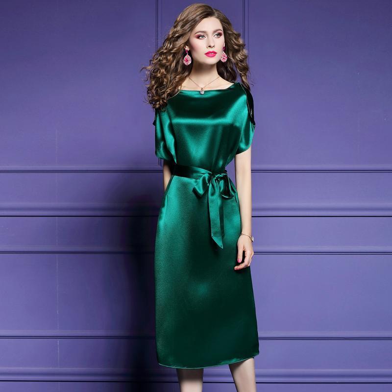 Elegant temperament fiber silk silky smooth satin women's short-sleeved mid-length lace-up summer slim slimming ladies skirt A-line | BigBuy360 - bigbuy360.vn