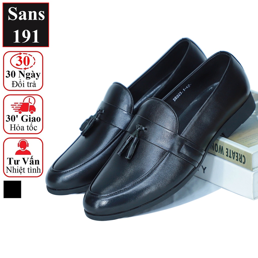Giày lười nam da bò thật Sans191 giầy moca có chuông công sở cao cấp đẹp đen trơn penny loafer mọi hàn quốc mũi tròn