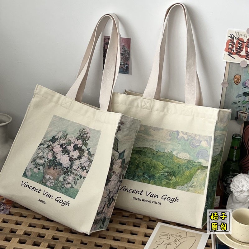 Túi Xách Canvas Họa Tiết Tranh Sơn Dầu Phong Cách Retro Cho Nữ