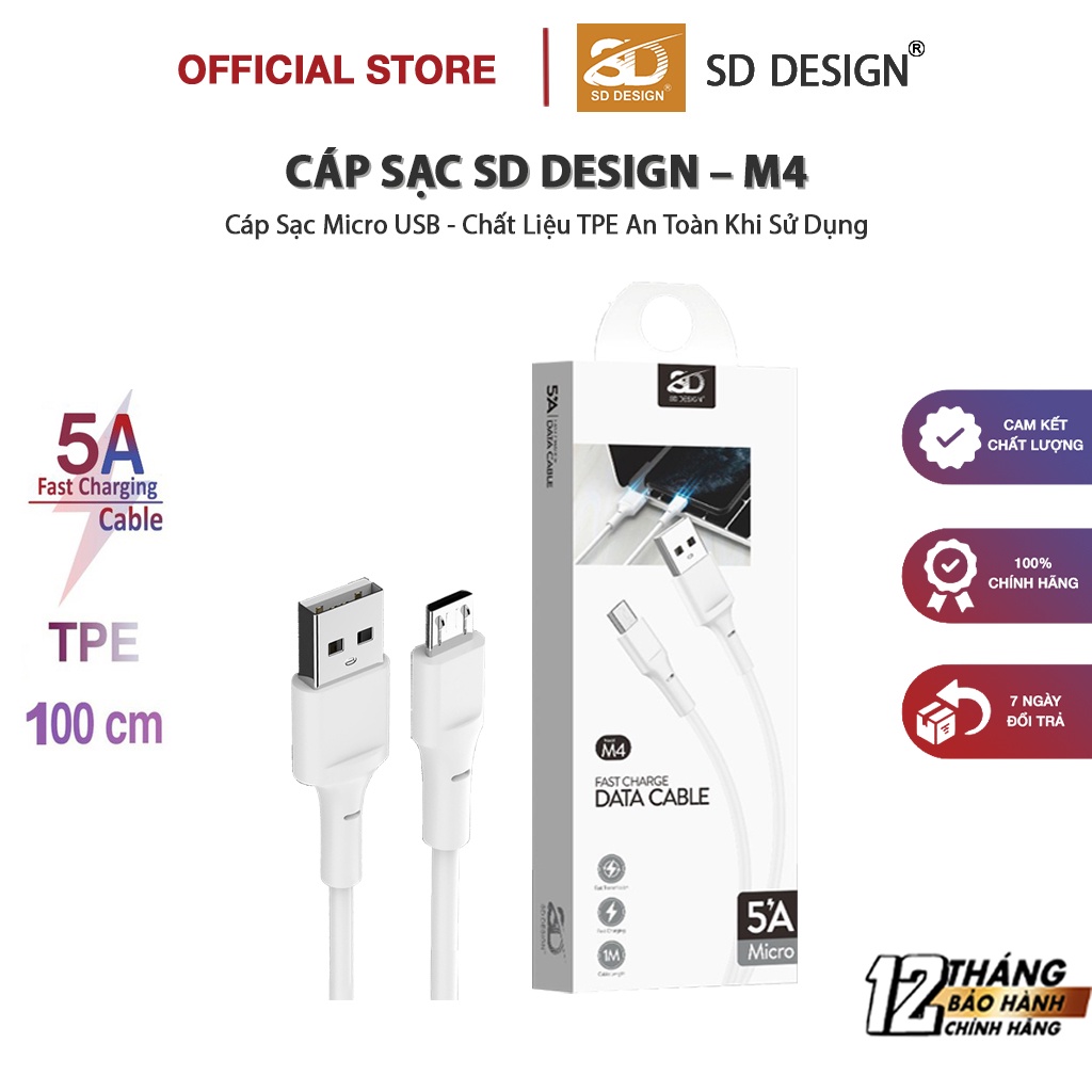 Cáp sạc Micro Usb M4 chính hãng SD DESIGN Sạc ổn định, chất liệu cao cấp, dây dài 1M, bảo hành 1 đổi 1