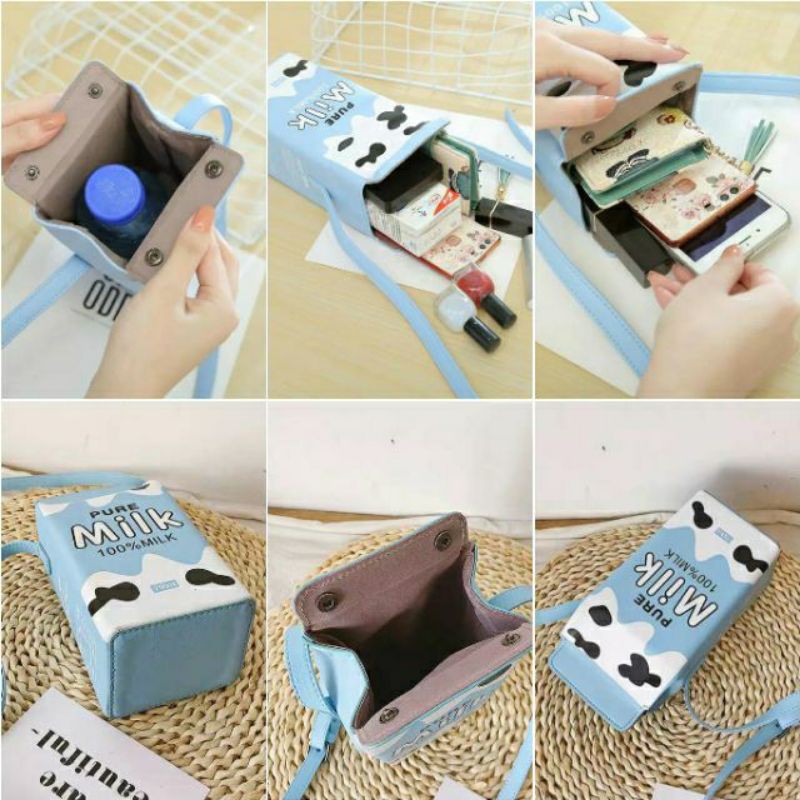 Túi đeo chéo nữ da PU hình hộp sữa bò béo cute ulzzang style màu xanh pastel