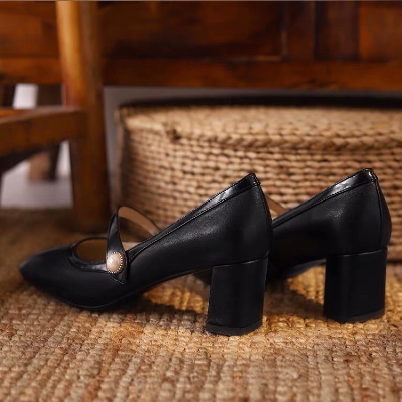 Giày Mary Jane Loafer cao gót công sở quai ngang, giày mũi vuông đính ngọc