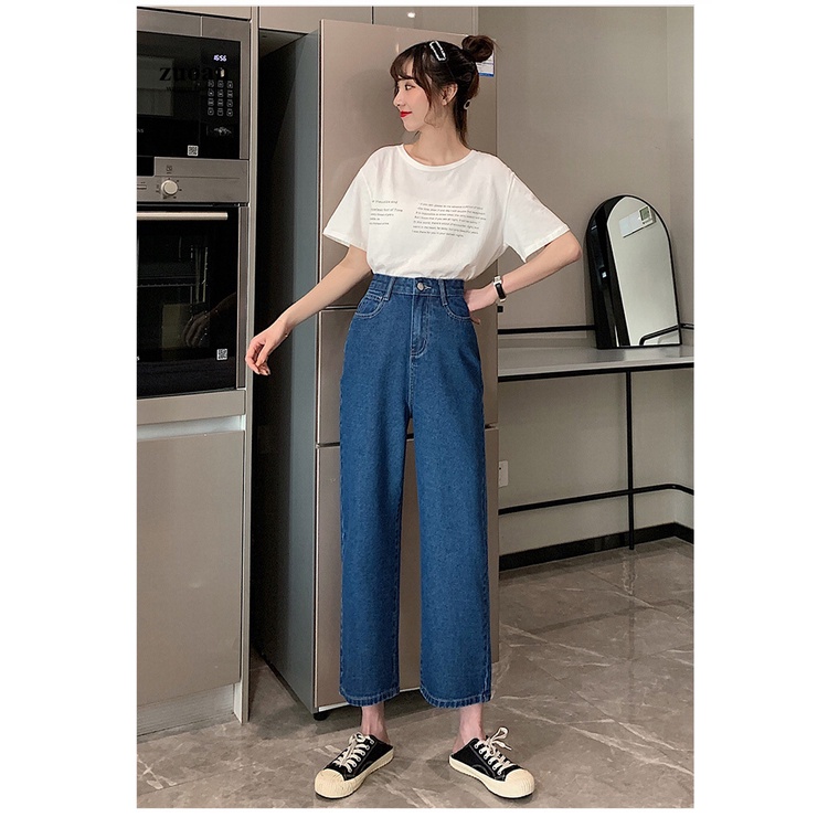 SUXI Quần Jeans Nữ Lưng Cao Ống Rộng Phong Cách Hàn Quốc