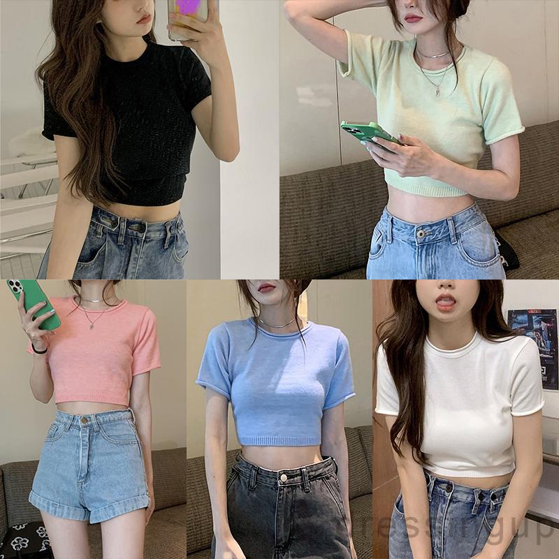 Áo Thun Tay Ngắn Cổ Tròn Hở Lưng Màu Sắc Đơn Giản Cho Nữ