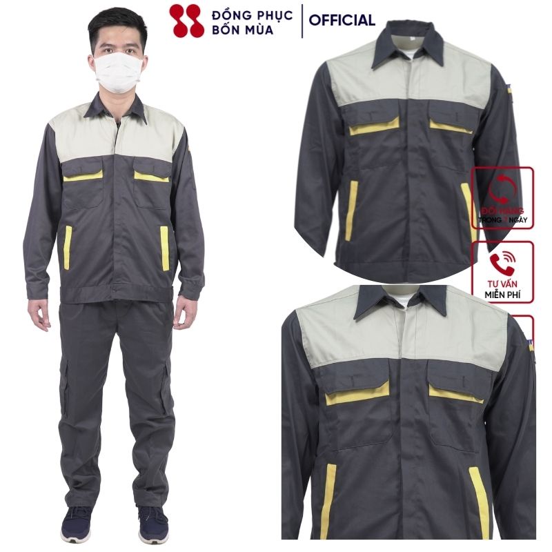 Áo  bảo hộ lao động phối màu xám phối vàng chất liệu kaki cao cấp sẵn hàng kèm video MÃ B01.09-21