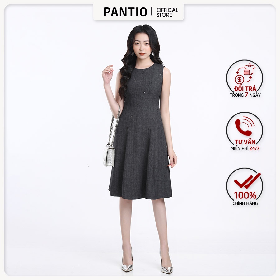 Đầm dạo phố chất liệu thô mềm đính khuy chéo không tay dáng xòe FDP12510 - PANTIO