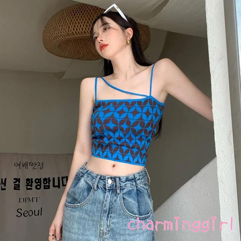Chm-áo Tank Top Dệt Kim Họa Tiết Hình Học Tương Phản Dây Đai Jacquard Không Đối Xứng Cho Nữ