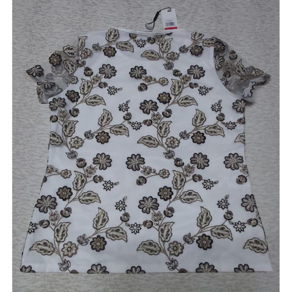 Áo kiểu thun nữ tay ngắn cổ tròn màu trắng họa tiết thêu hoa hiệu Calvin Klein size XS hàng mỹ chính hãng đẹp New