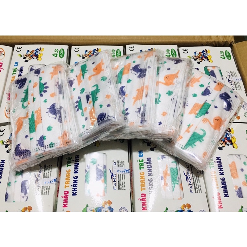 Hộp 50 cái khẩu trang y tế 4 lớp kháng khuẩn trẻ em Famapro Nam Anh hình khủng long | BigBuy360 - bigbuy360.vn