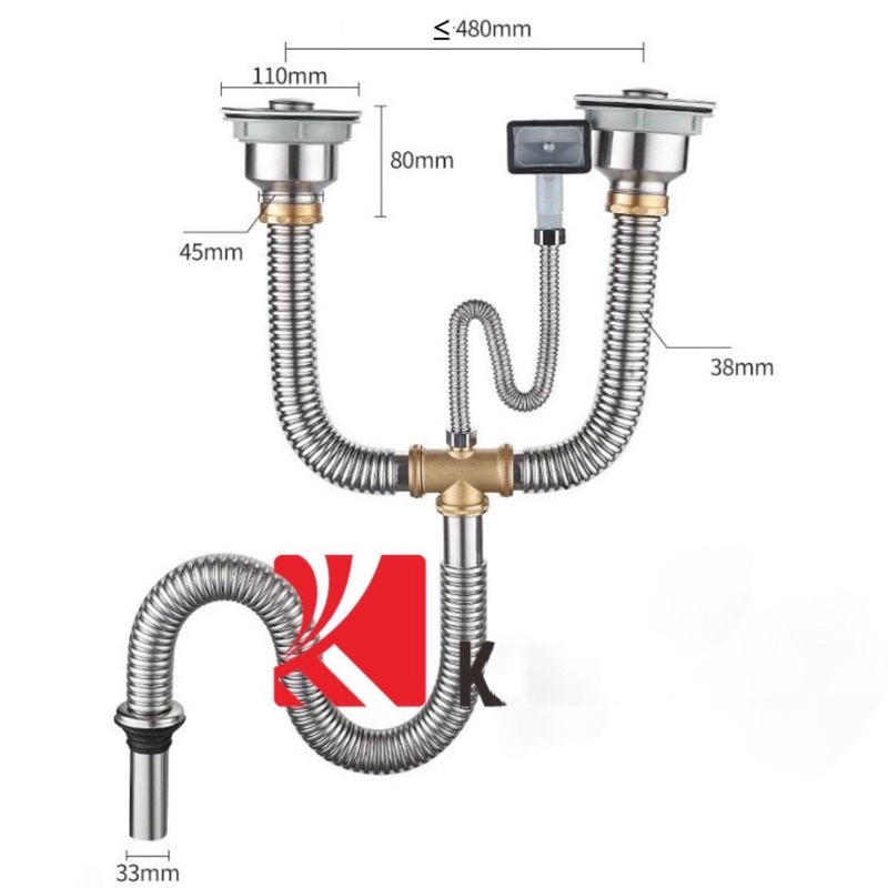 Bộ xả chậu rửa chén đôi ống inox và co đồng - hàng dày dặn không lo chuột cắn, chất tẩy rửa