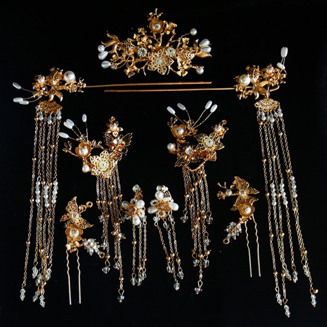 Bộ cài tóc cô dâu xi mạ mẫu vàng đồng 8 món 2586