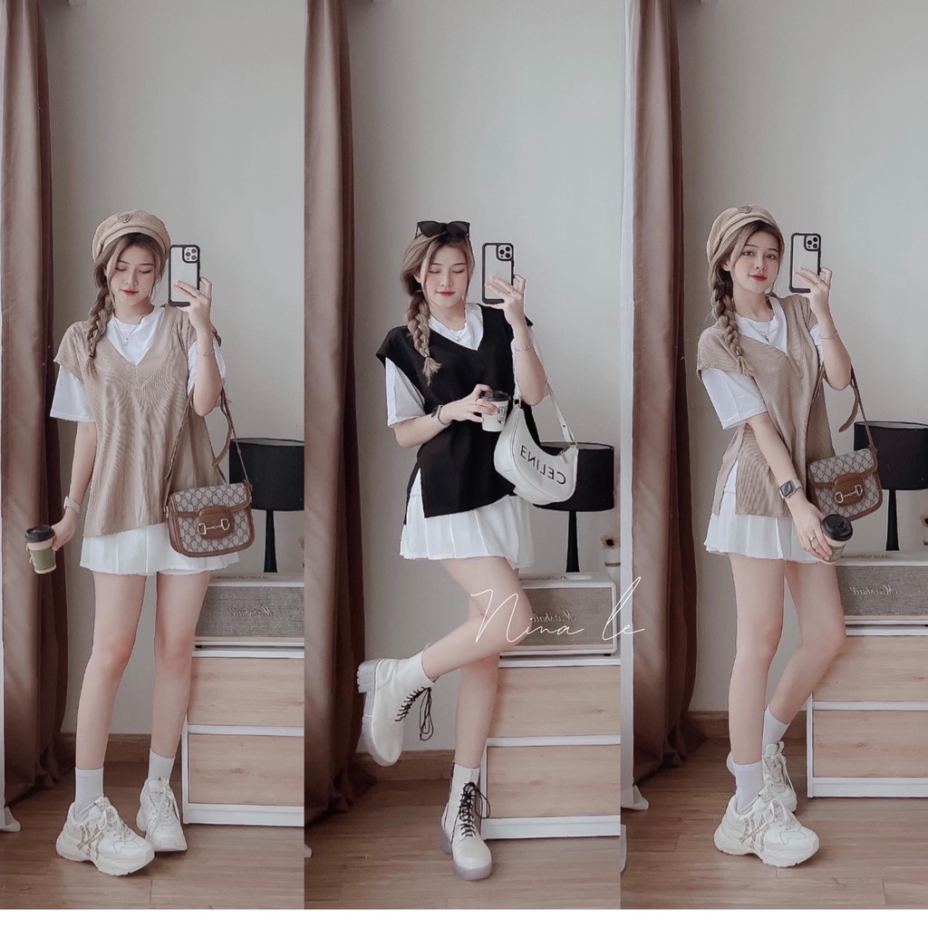 Set bộ đồ nữ 3 món áo thun phối áo khoác gile xẻ tà xinh xắn với 2 màu tôn da, tôn dáng dành cho các nàng yêu đi chơi