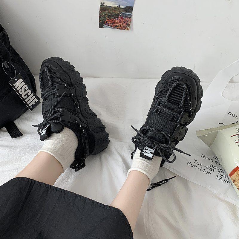 [NOWSHIP] Giày thể thao nữ đế cao răng cưa buộc dây kép trước sau cài khuy YM mới hot cá tính màu đen đẹp-UMI SHOES | BigBuy360 - bigbuy360.vn