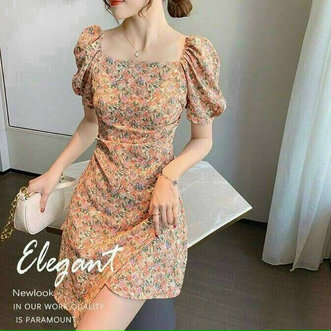 Đầm Lụa Hoa Dự Tiệc Tay Phồng Phối Cổ Vuông Chân Váy Gấp Chéo Độc Đáo Gợi Cảm.Dm
