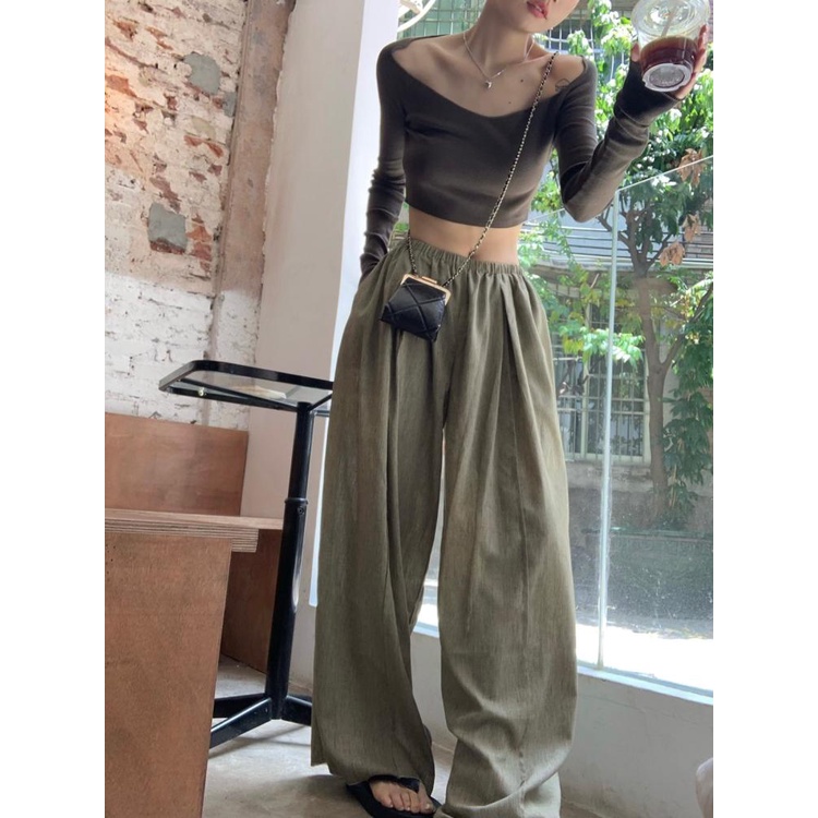 QADCOL  Set Áo Thun Lửng Dài Tay Và Quần Dài Ống Rộng Thời Trang Dành Cho Nữ