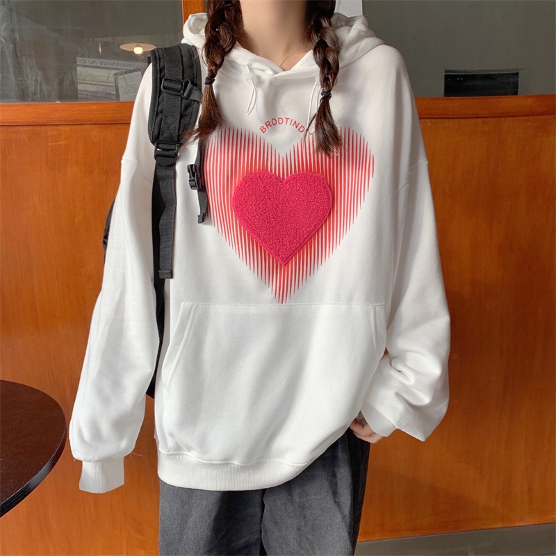 Áo hoodie tay dài in hình trái tim phong cách Hàn Quốc