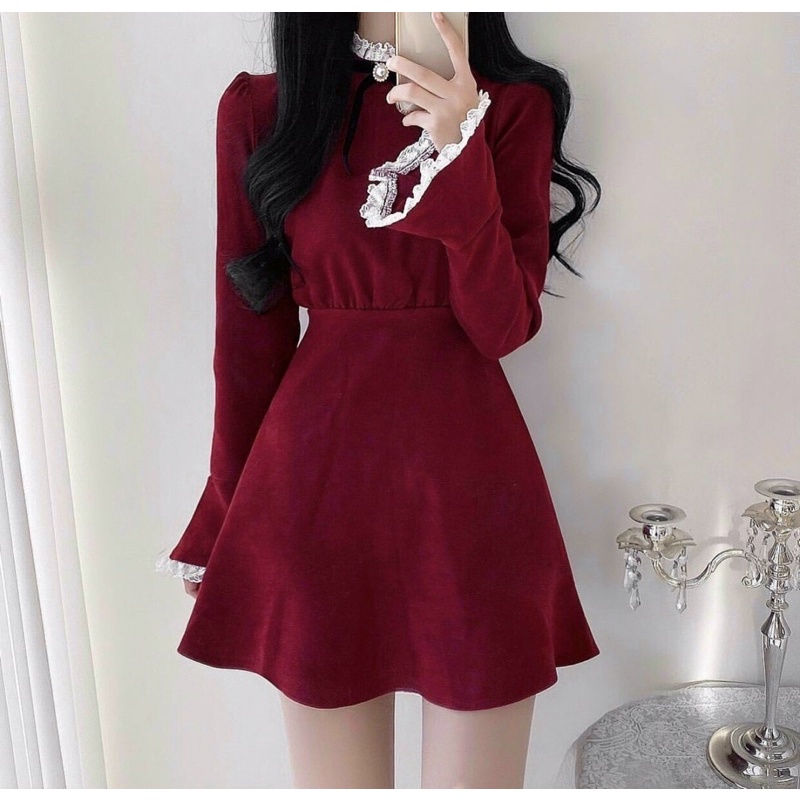 Đầm nhung đỏ viền ren trắng tay dài,váy nữ noel siêu xin cho mùa giangs sinh