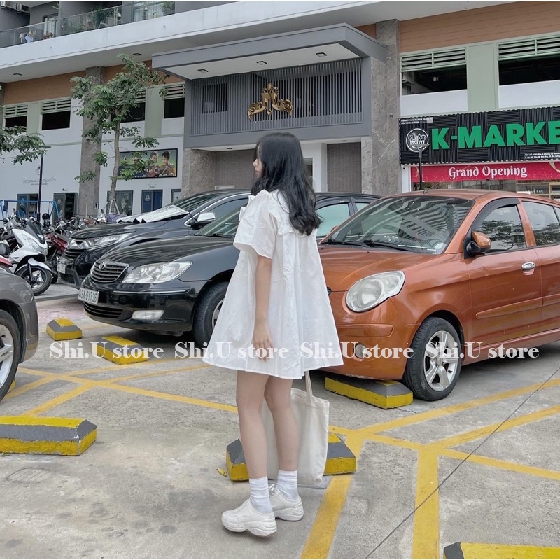 Áo váy trắng babydoll xếp ly bèo ngực dáng dài dấu quần áo kiểu nữ ngắn tay