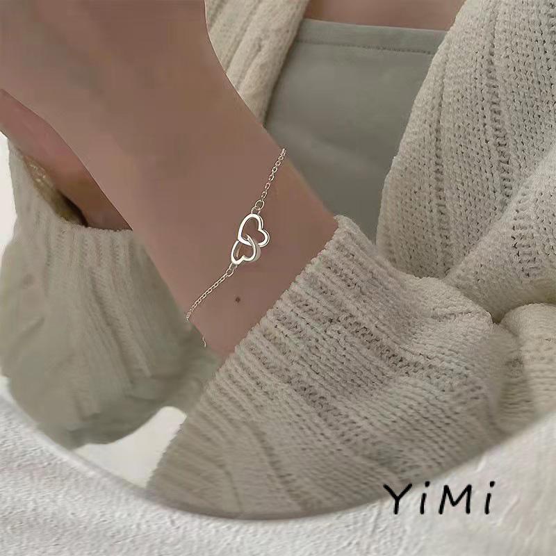 Vòng đeo tay mạ bạc mặt trái tim đôi thời trang dành cho nữ