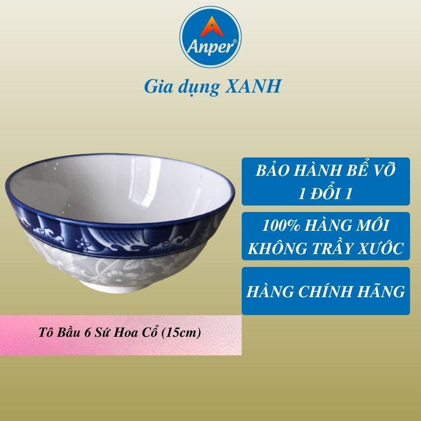 Combo 2 tô sứ 3 bát sứ bầu ANPER dày 15 18 20 cm ăn phở ăn cơm an toàn