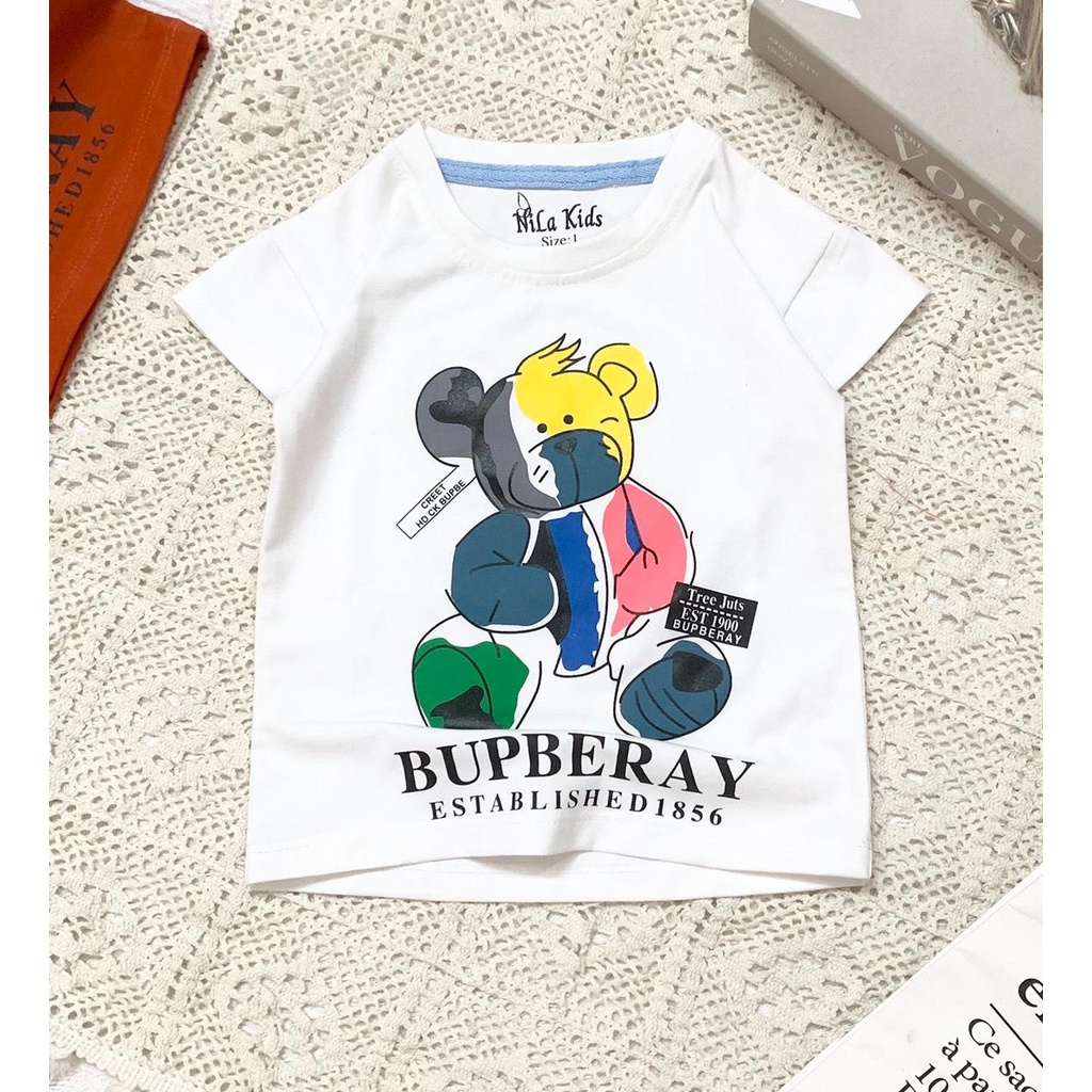 Áo thun bé trai ngắn tay in hình gấu chất liệu thun cotton 100% co giản 4 chiều cho bé từ 9-35kg