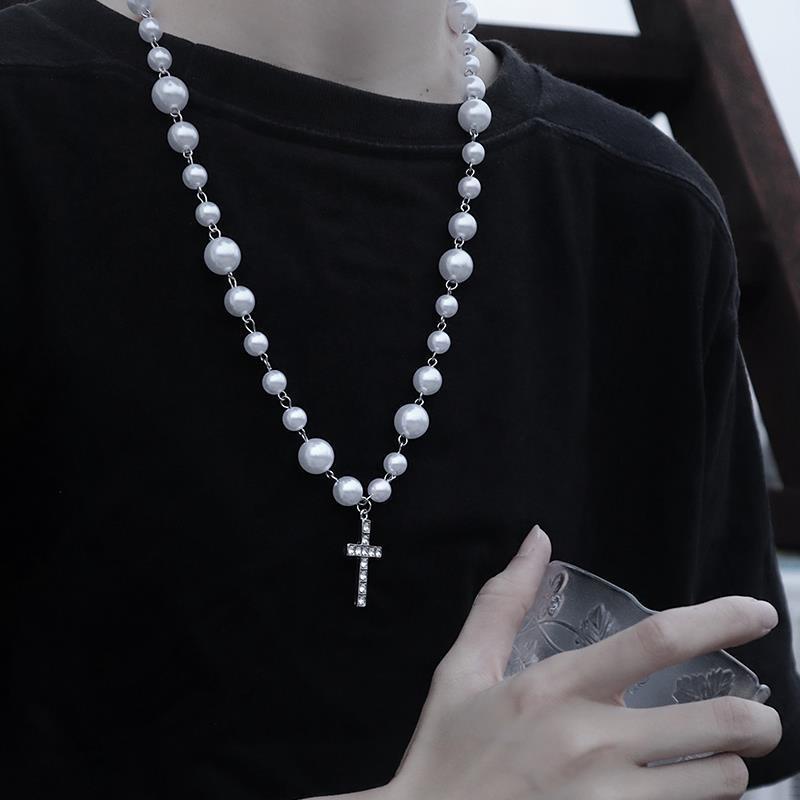 Vòng cổ Chuỗi Hạt Ngọc Trai Mặt Thánh Giá Đính Đá Pha Lê Phong Cách Hip Hop Cho Nam Và Nữ