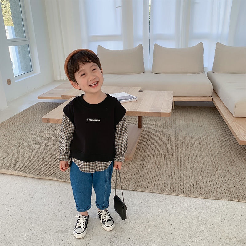 Áo sơ mi kẻ sọc ca rô giả hai lớp thời trang dành cho trẻ
