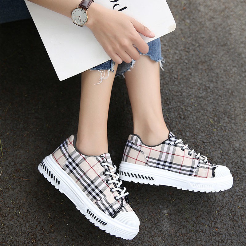 Giày Chạy Bộ Vải Canvas Thắt Dây Sọc Ca Rô Phong Cách Harajuku 2021 | BigBuy360 - bigbuy360.vn