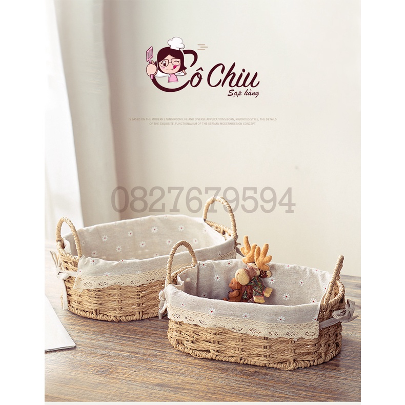 Giỏ mây lót vải CÓ QUAI đựng đồ vintage, giỏ đi picnic, để bàn decor