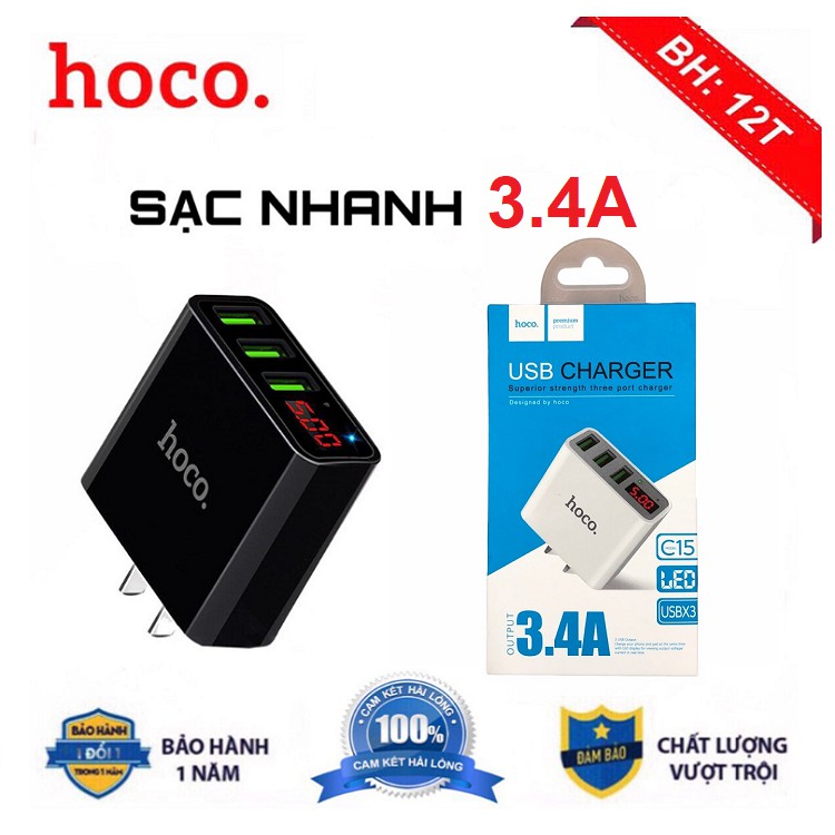 Củ Sạc Nhanh 3 Cổng Hoco C15 3A, Màn Hình LCD - Sạc 3 Thiết Bị Cùng 1 Lúc - Chính Hãng Bảo Hành 12 Tháng
