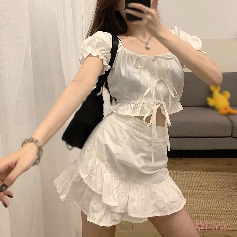 Set Áo Croptop Phối Bèo + Chân Váy Lưng Cao Thời Trang Cho Nữ