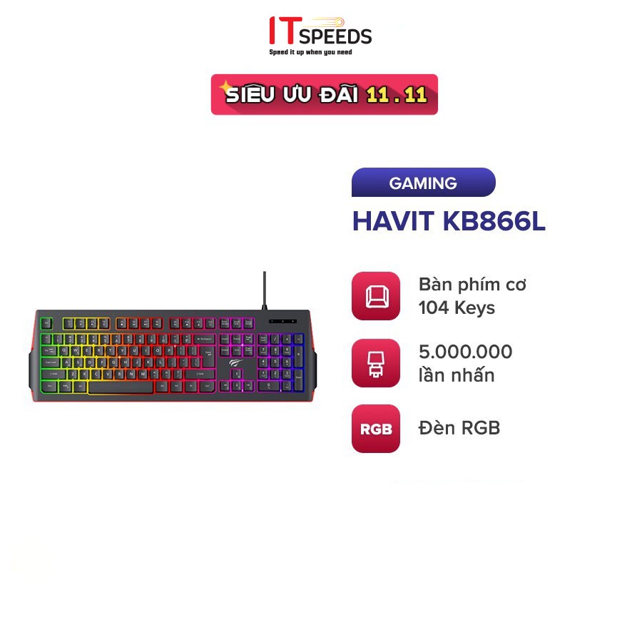 Bàn Phím Gaming Giả Cơ RGB HAVIT KB866L, 104 Keys, Thiết Kế Công Thái Học, Tổ Hợp Phím Fn - Chính Hãng BH 12 Tháng