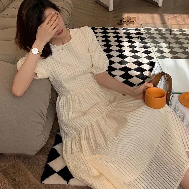 Váy đầm babydoll dáng dài đi biển tay phồng tiểu thư nữ phong cách Hàn quốc sang chảnh  - First love