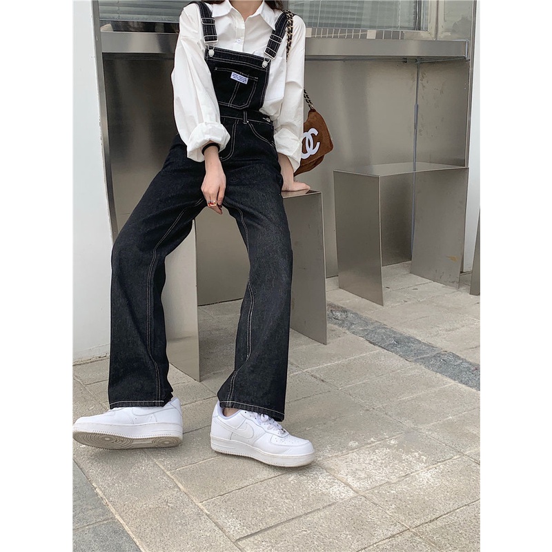 Quần Yếm Denim Đen Dáng Suông Rộng Phong Cách Hàn Quốc Cho Nữ