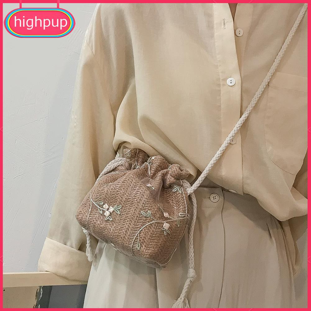 Túi đeo chéo kiểu đan dệt có dây rút thêu họa tiết hoa thời trang dành cho nữ